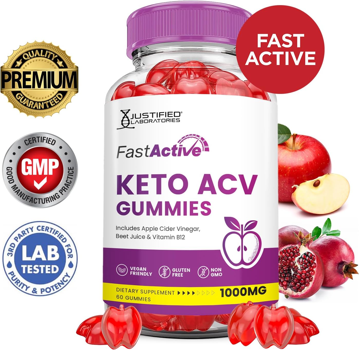 2 Pack Fast Active Keto ACV Gummies with Pomegranate Beet Juice Powder - 1000MG Advanced Formula - Vegan Non GMO - 120 Gummys