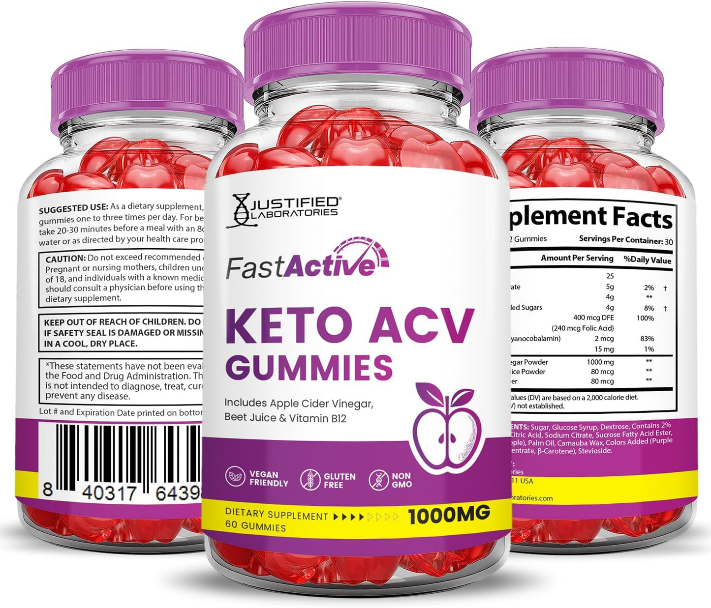 2 Pack Fast Active Keto ACV Gummies with Pomegranate Beet Juice Powder - 1000MG Advanced Formula - Vegan Non GMO - 120 Gummys