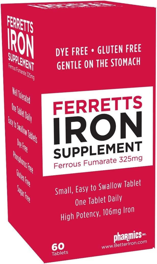 2 Pack Ferretts Iron Tablets 325mg - High Potency Ferrous Fumarate Supplement (120 Total)