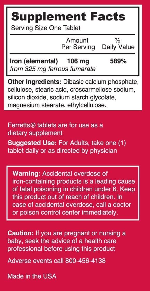 2 Pack Ferretts Iron Tablets 325mg - High Potency Ferrous Fumarate Supplement (120 Total)