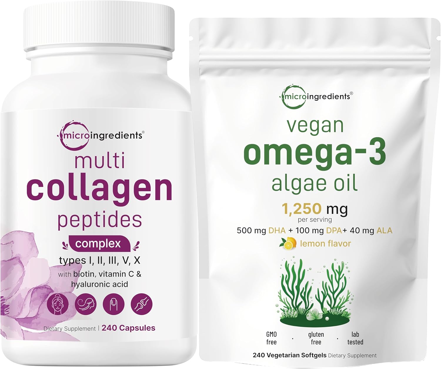 2 Pack: Grass-Fed Collagen Peptides & Vegan Omega-3 Algae Oil Bundle - Multi Collagen Complex with Full Spectrum Alternative Omega-3 Supplement