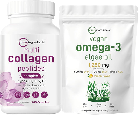 2 Pack: Grass-Fed Collagen Peptides & Vegan Omega-3 Algae Oil Bundle - Multi Collagen Complex with Full Spectrum Alternative Omega-3 Supplement