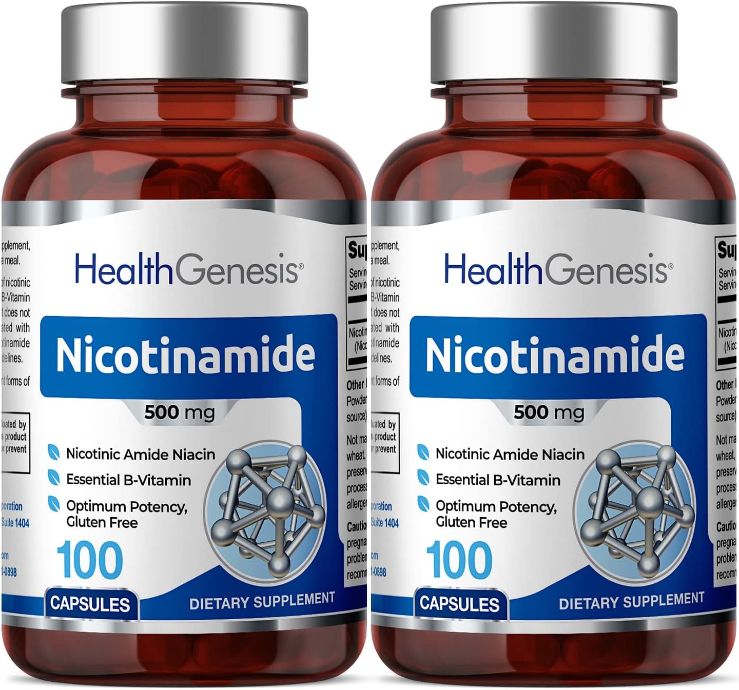2 Pack Health Genesis B-3 Nicotinamide 500mg Capsules - Natural Flush-Free Niacin Vitamin for Skin Cell Health