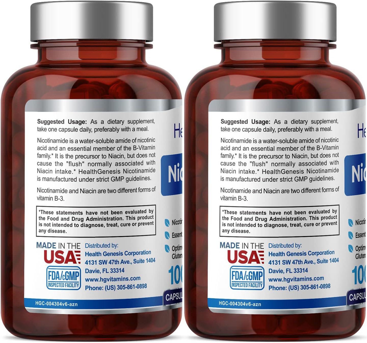 2 Pack Health Genesis B-3 Nicotinamide 500mg Capsules - Natural Flush-Free Niacin Vitamin for Skin Cell Health