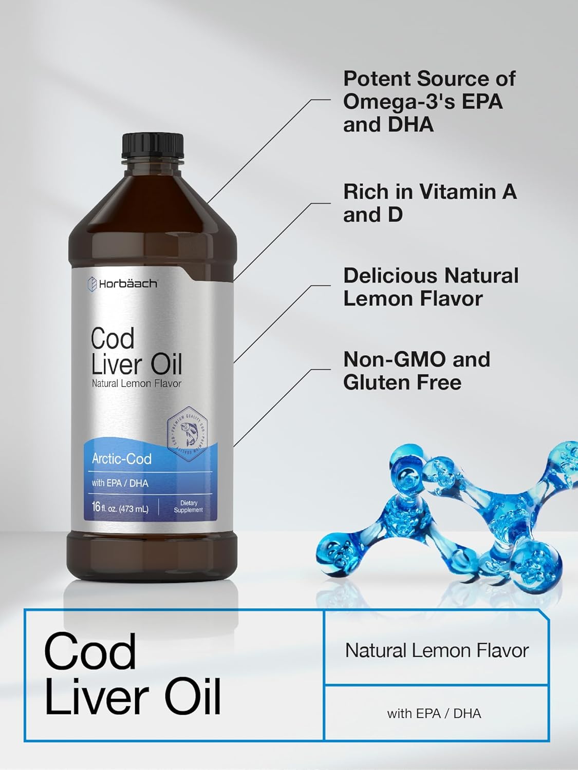 2-Pack Horbäach Arctic Cod Liver Oil with EPA/DHA - 32 fl oz Total - Lemon Flavor Liquid Supplement - Non-GMO & Gluten Free