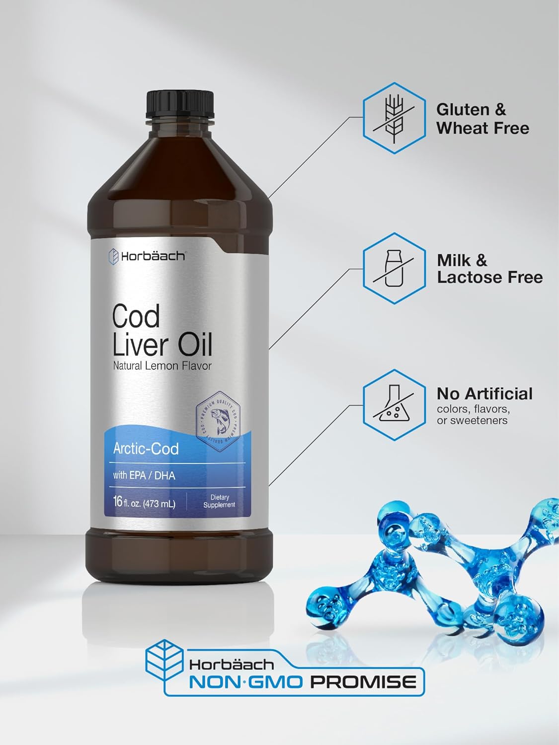 2-Pack Horbäach Arctic Cod Liver Oil with EPA/DHA - 32 fl oz Total - Lemon Flavor Liquid Supplement - Non-GMO & Gluten Free