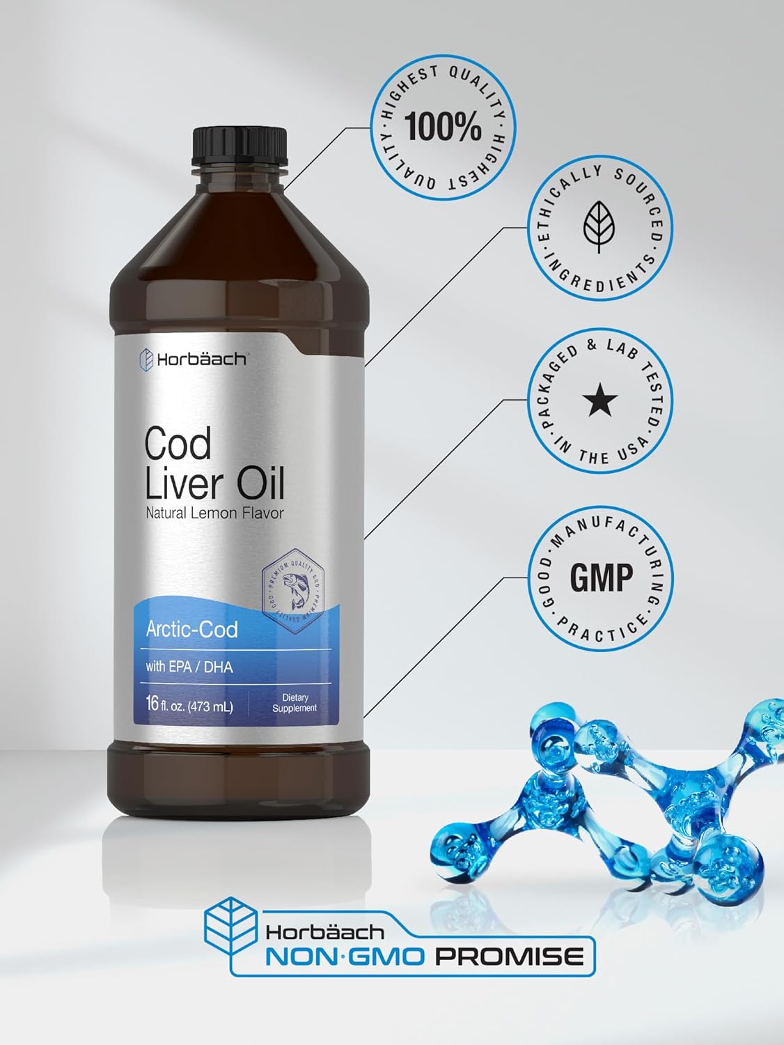 2-Pack Horbäach Arctic Cod Liver Oil with EPA/DHA - 32 fl oz Total - Lemon Flavor Liquid Supplement - Non-GMO & Gluten Free