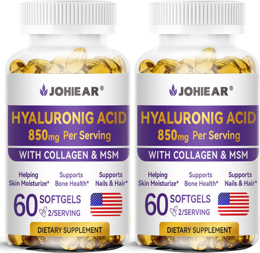 2 Pack Hyaluronic Acid Supplements - 850mg High Bioavailability Capsules for Skin, Joints, Eyes, Hair, Nails - Double Strength Hydration & Lubrication