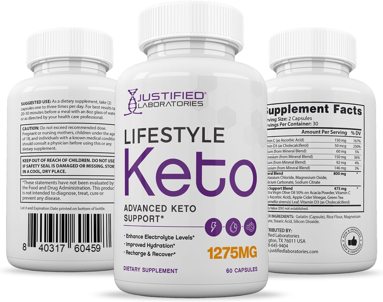 (2 Pack) Justified Laboratories Keto Pills 1275MG with Apple Cider Vinegar & Green Tea - 120 Capsules