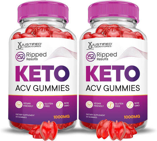 2 Pack Justified Laboratories Ripped Results Keto ACV Gummies - Advanced 1000MG Formula with Apple Cider Vinegar, Pomegranate, Beet Juice Powder, B12 - Vegan Non GMO - 120 Gummys