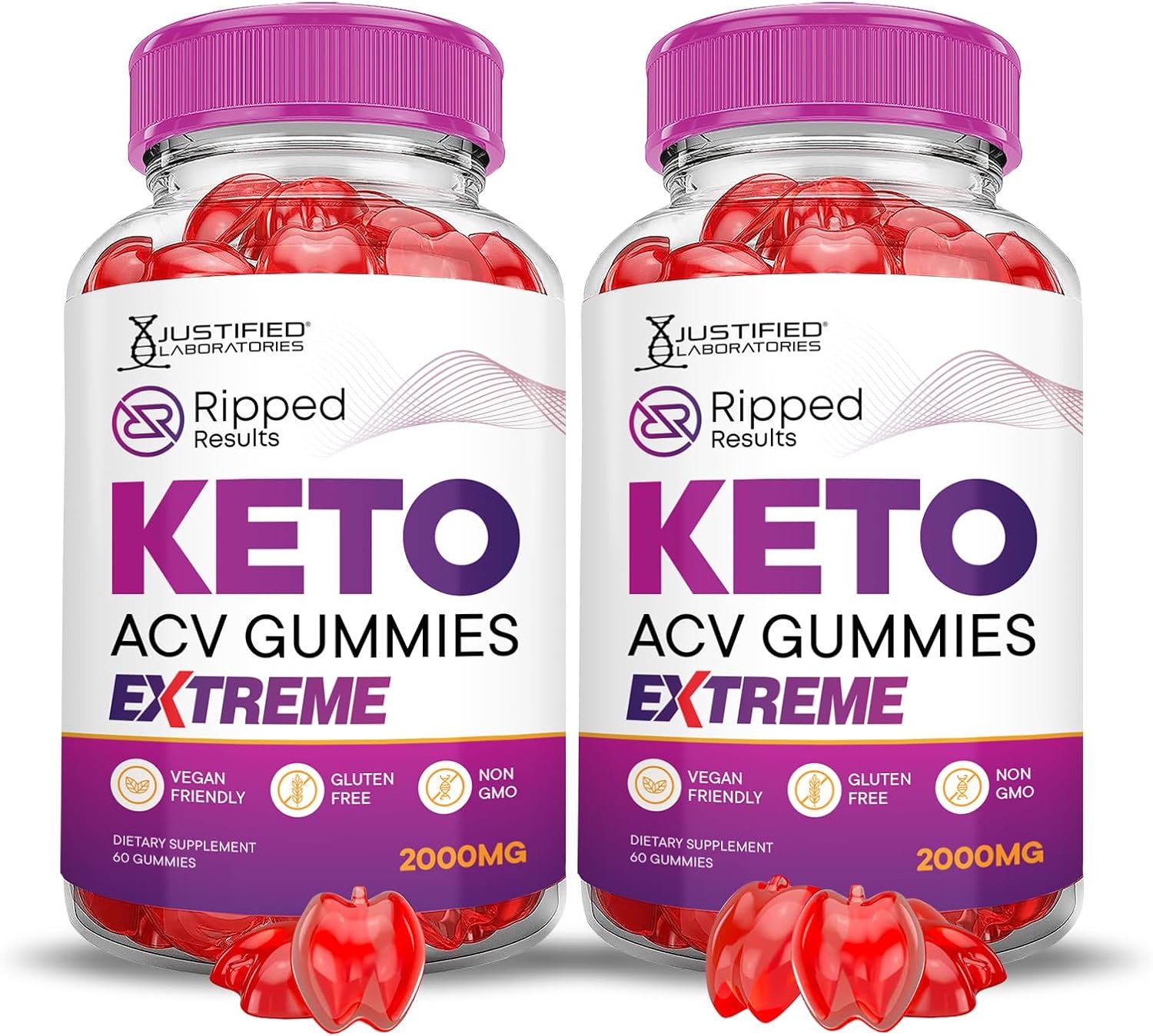 2 Pack Justified Laboratories Ripped Results Keto ACV Gummies - Extreme 2000MG Apple Cider Vinegar with Pomegranate Beet Juice Powder - B12 Vegan Non GMO - 120 Gummies