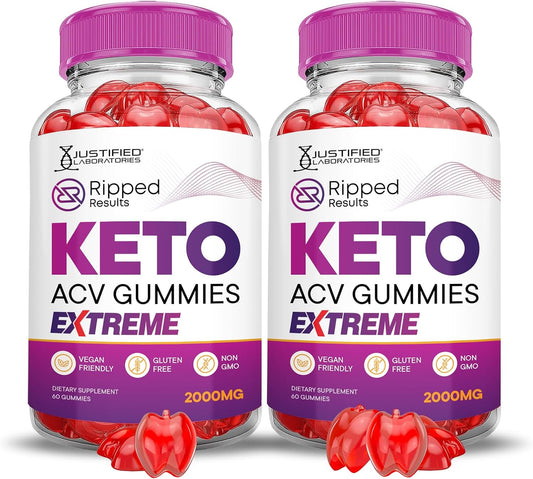 2 Pack Justified Laboratories Ripped Results Keto ACV Gummies - Extreme 2000MG Apple Cider Vinegar with Pomegranate Beet Juice Powder - B12 Vegan Non GMO - 120 Gummies