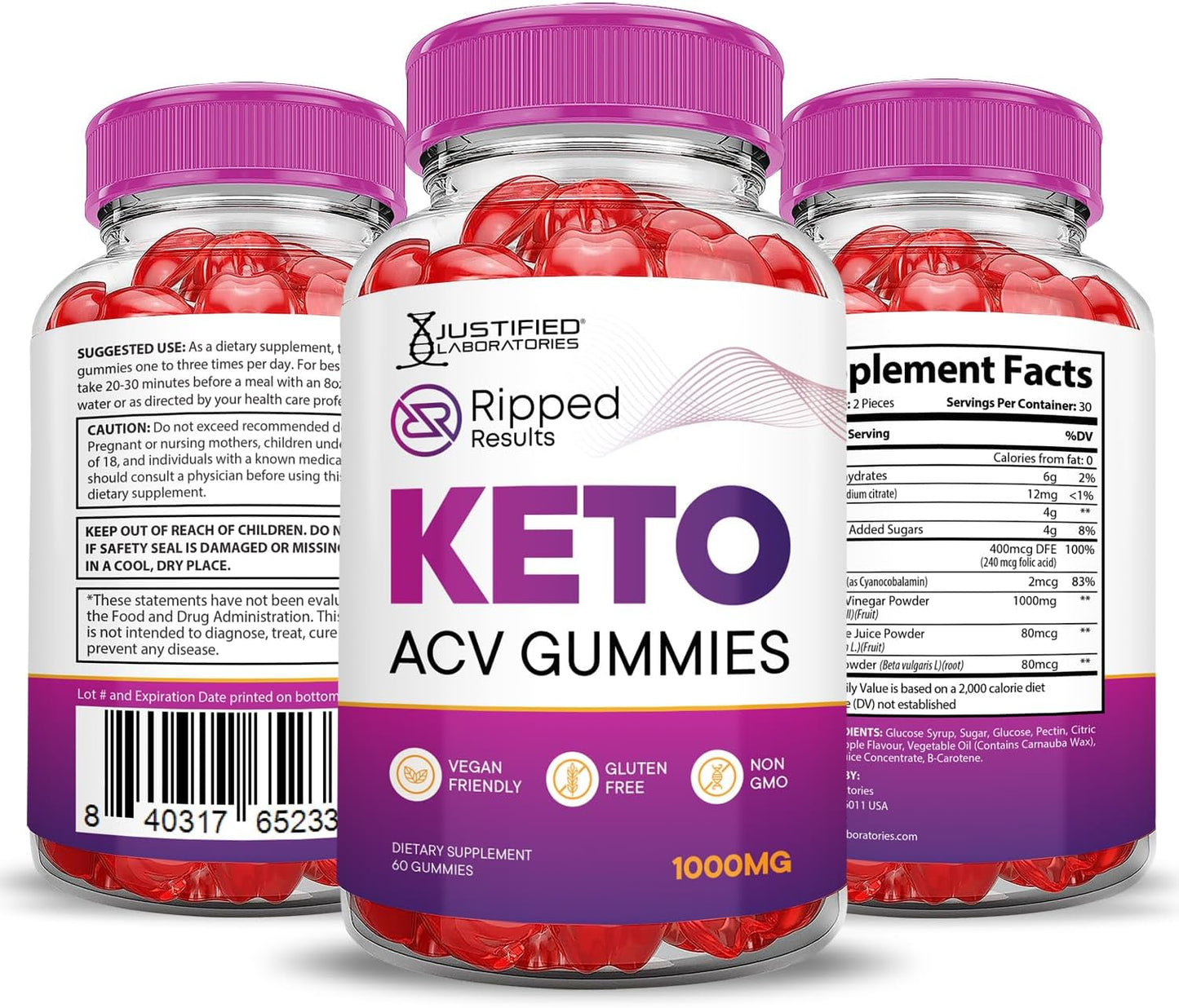 2 Pack Justified Laboratories Ripped Results Keto ACV Gummies - Advanced 1000MG Formula with Apple Cider Vinegar, Pomegranate, Beet Juice Powder, B12 - Vegan Non GMO - 120 Gummys