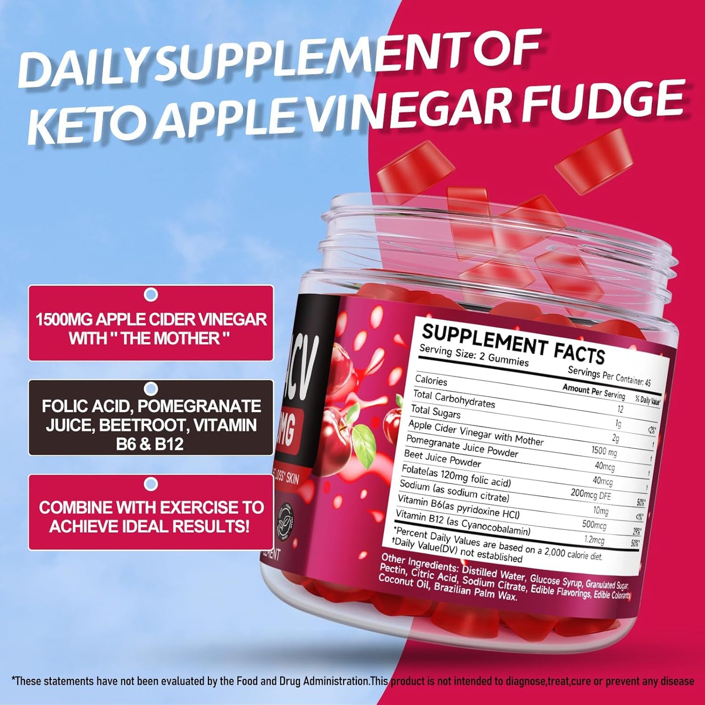 2 Pack Keto ACV Gummies - 180 Gelatin-Free Vegan Gummies with Pomegranate & Beetroot - 1500mg Advanced Formula - Natural Ingredients - Keto Drops Alternative