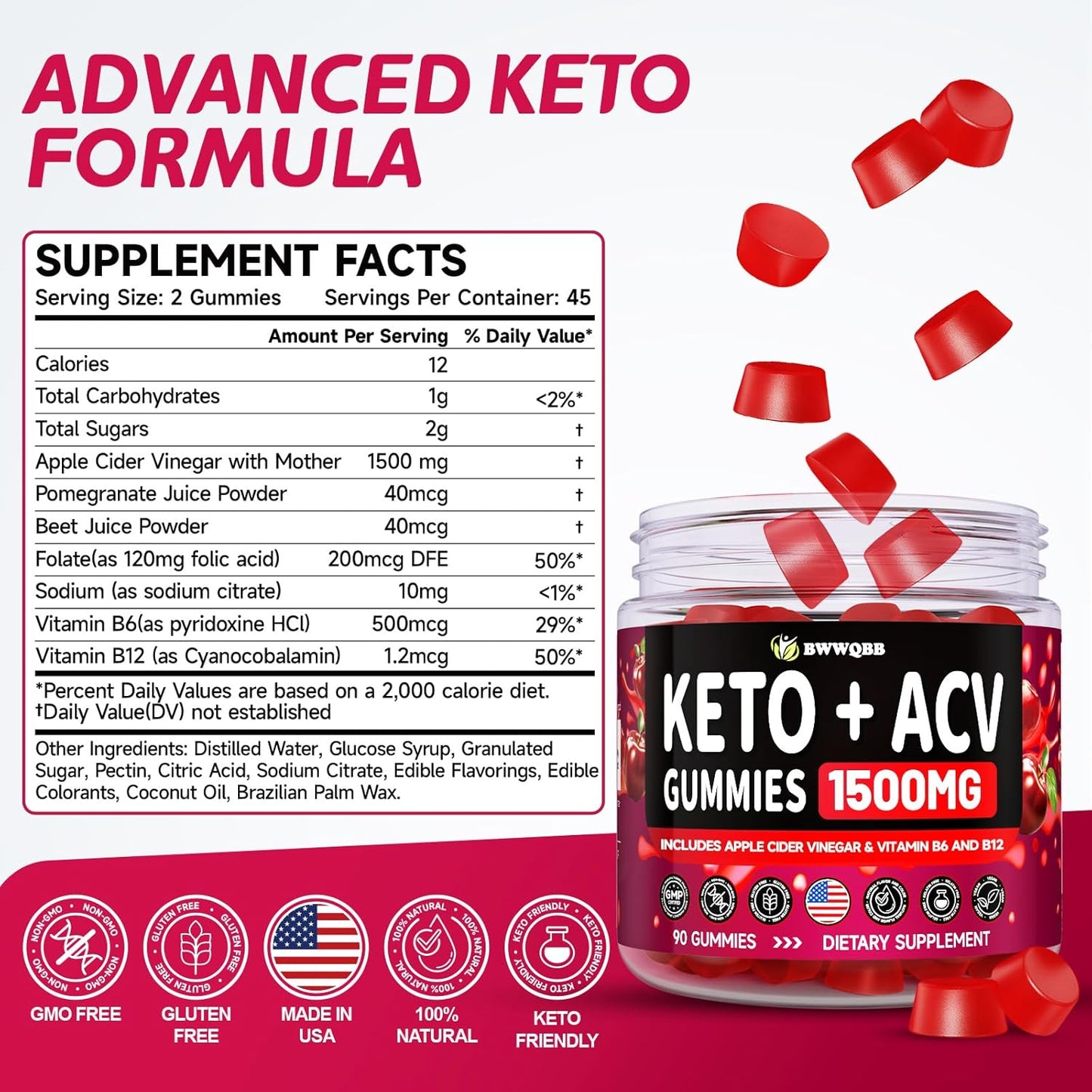 2 Pack Keto ACV Gummies - 180 Gelatin-Free Vegan Gummies with Pomegranate & Beetroot - 1500mg Advanced Formula - Natural Ingredients - Keto Drops Alternative