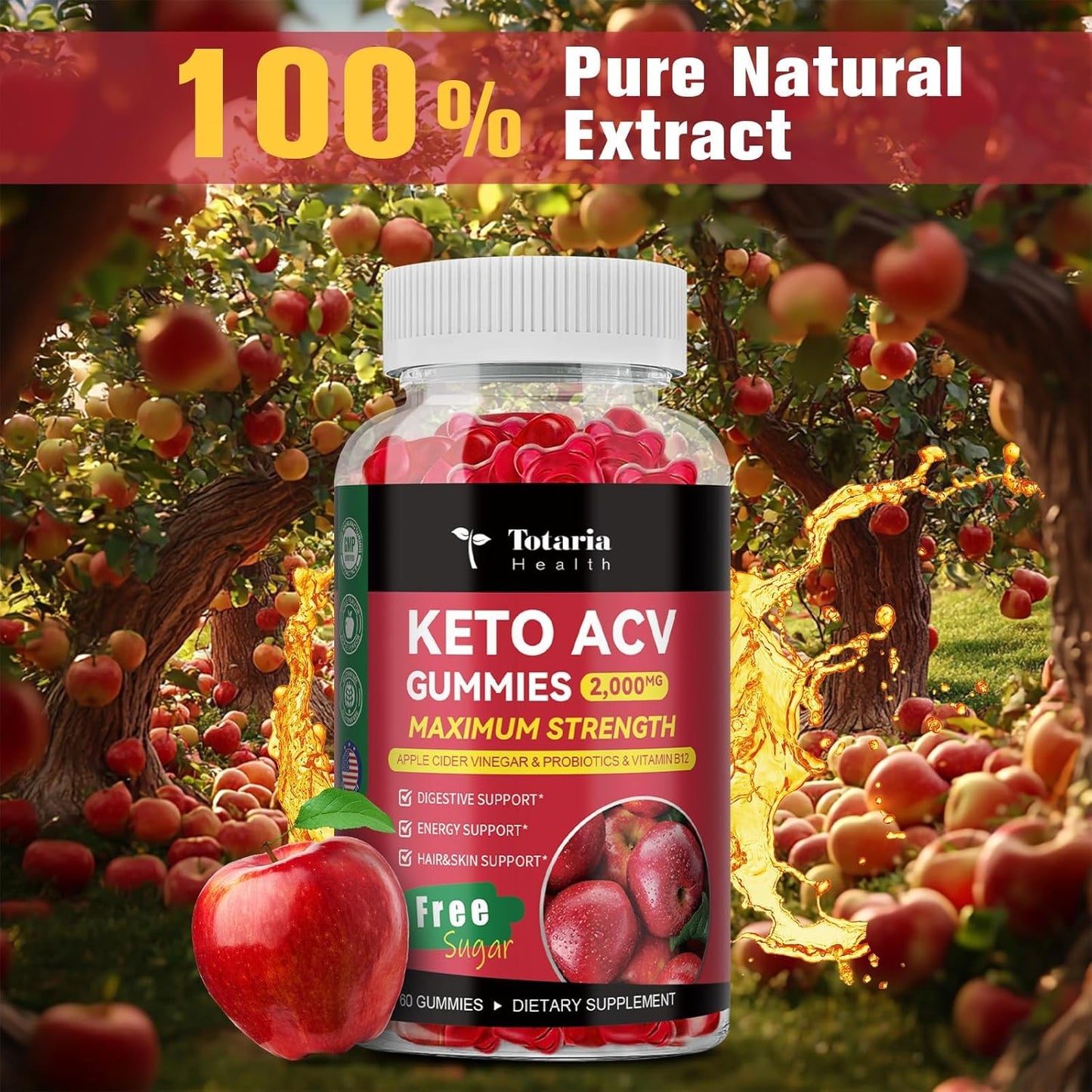 2 Pack Keto ACV Gummies - 4000mg Apple Cider Vinegar with Probiotics, B12 - Sugar-Free Keto Supplements for Women & Men - 120 Gummies