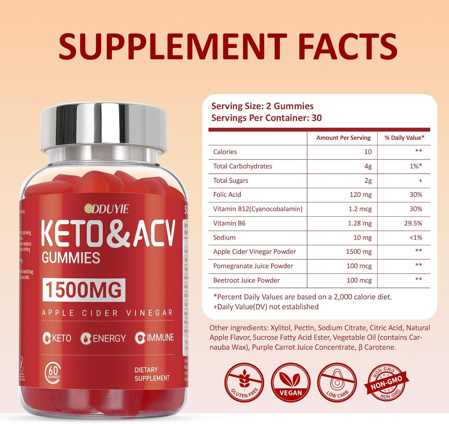 2 Pack Keto Apple Cider Vinegar Gummies with Vitamin B6 & B12 - 60 Vegan Gummies for Energy - Apple Flavor - ACV Supplement for Women and Men