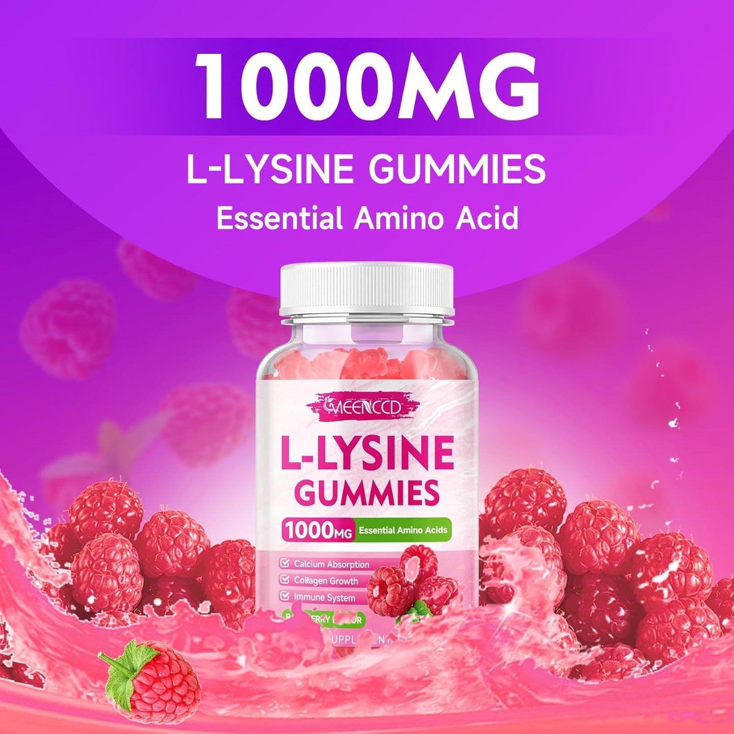 2 Pack L-Lysine 1000mg Gummies for Adults & Kids - Essential Amino Acid for Oral Health - Immune Boost - Collagen & Calcium Support - Sugar-Free Raspberry Flavor - 120 Count