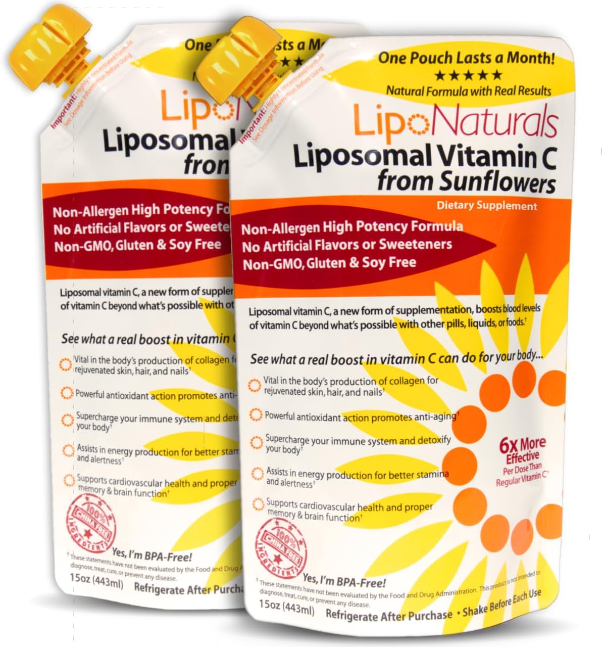 2-Pack Lipo Naturals Liposomal Vitamin C 1000mg Liquid - Immunity & Energy Support - Vegan, China-Free Formula - 15oz / 443ml each