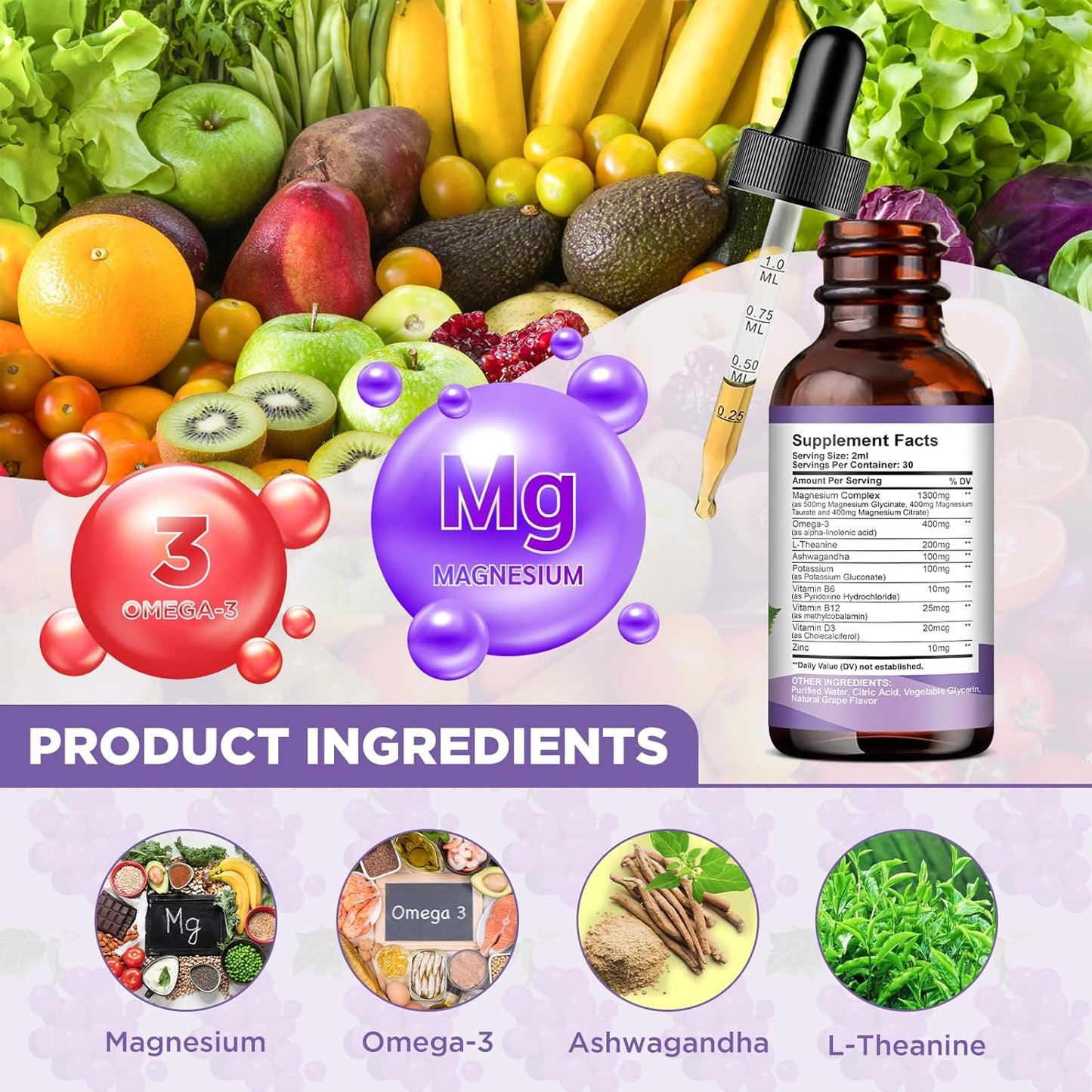 2 Pack Liquid Magnesium Complex Drops with Pineapple & Grape Flavor by ReviNutra