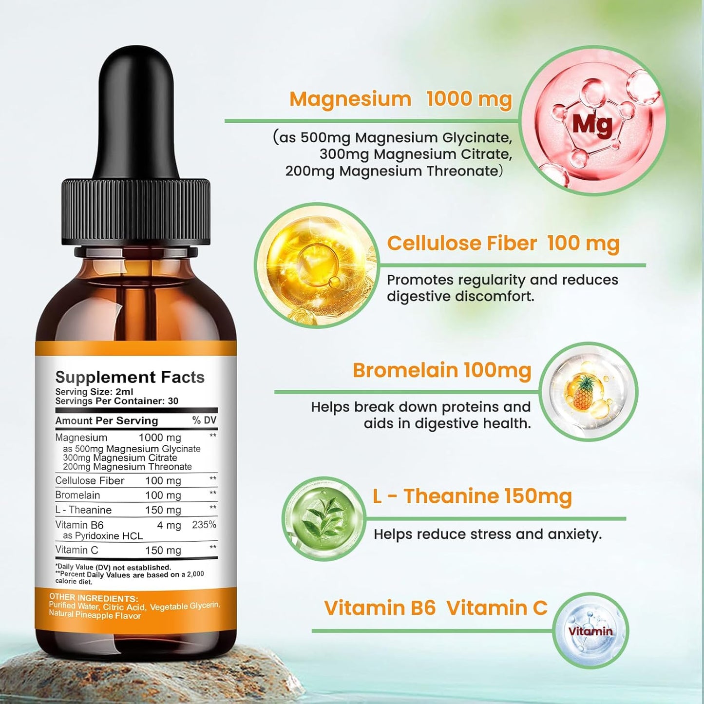 2 Pack Liquid Magnesium Complex Drops with Pineapple & Grape Flavor by ReviNutra
