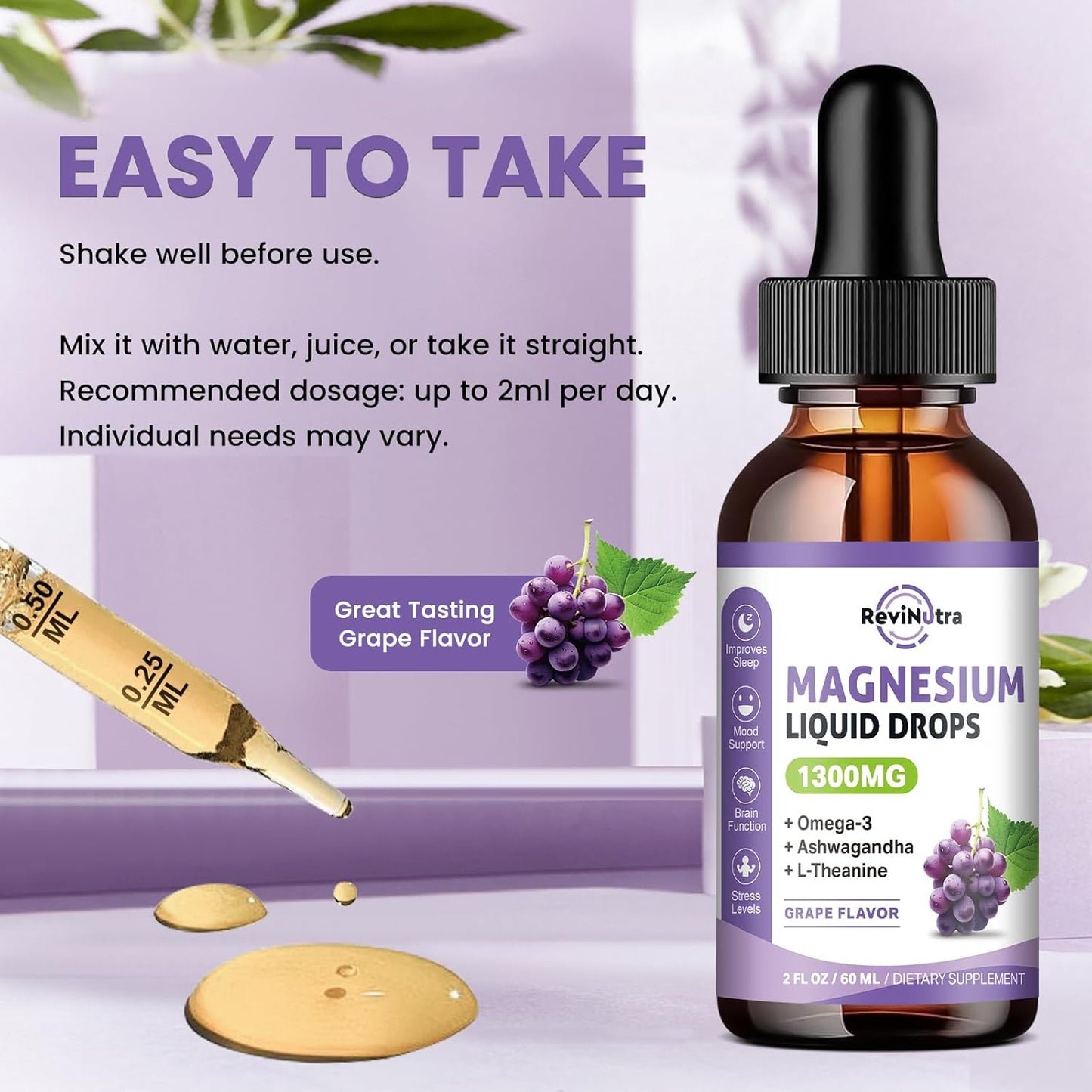 2 Pack Liquid Magnesium Complex Drops with Pineapple & Grape Flavor by ReviNutra