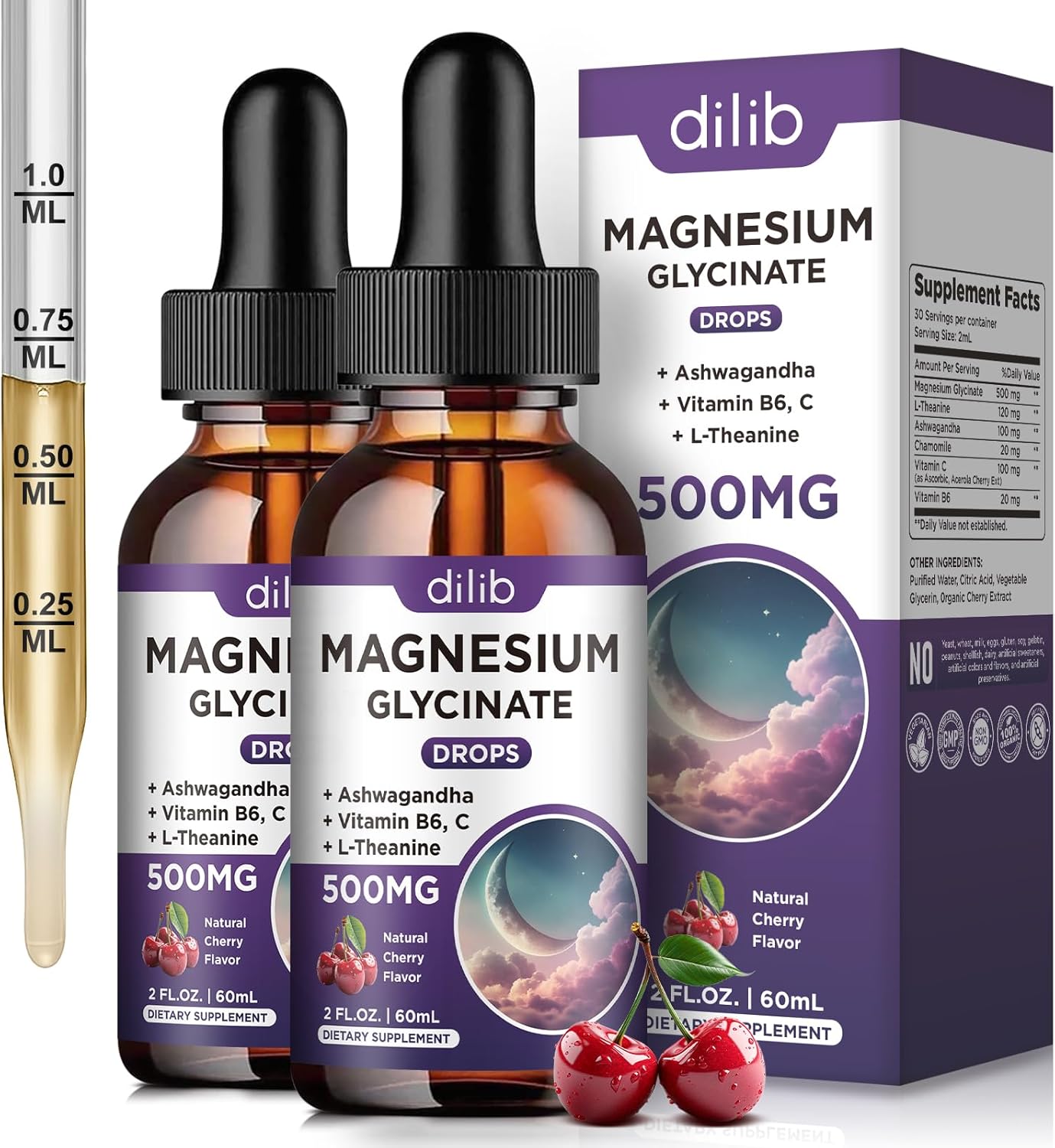 (2 Pack) Liquid Magnesium Glycinate Drops 500mg with Vitamin B6, Ashwagandha, L-Theanine, Chamomile - High Absorption Supplement for Sleep, Stress, Energy, Mood - Cherry Flavor