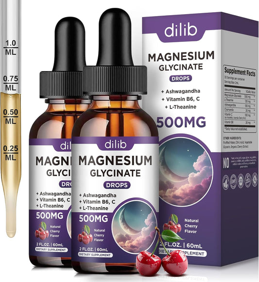 (2 Pack) Liquid Magnesium Glycinate Drops 500mg with Vitamin B6, Ashwagandha, L-Theanine, Chamomile - High Absorption Supplement for Sleep, Stress, Energy, Mood - Cherry Flavor