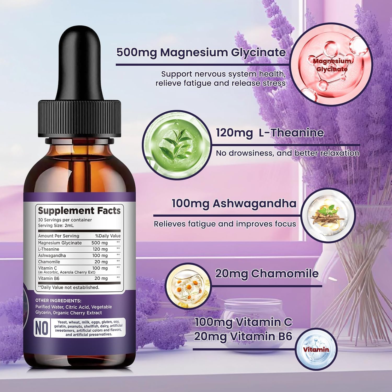 (2 Pack) Liquid Magnesium Glycinate Drops 500mg with Vitamin B6, Ashwagandha, L-Theanine, Chamomile - High Absorption Supplement for Sleep, Stress, Energy, Mood - Cherry Flavor