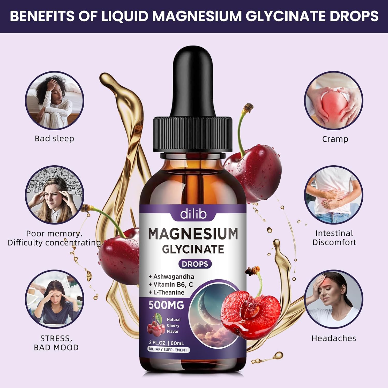 (2 Pack) Liquid Magnesium Glycinate Drops 500mg with Vitamin B6, Ashwagandha, L-Theanine, Chamomile - High Absorption Supplement for Sleep, Stress, Energy, Mood - Cherry Flavor