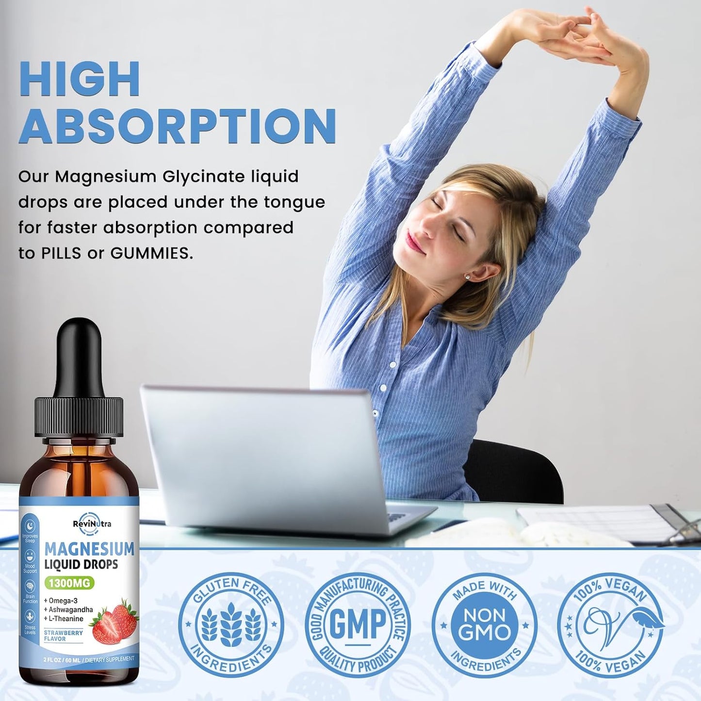 2-Pack Liquid Magnesium Glycinate Drops with Taurate & Citrate - Calm Magnesium Supplement with Omega-3, L-Theanine, Ashwagandha, Vitamin for Sleep, Muscle, Immune Health - Sugar-Free Strawberry Flavor