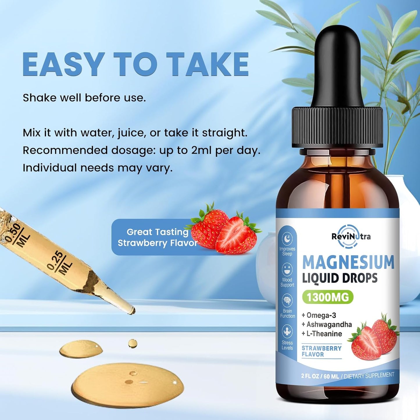 2-Pack Liquid Magnesium Glycinate Drops with Taurate & Citrate - Calm Magnesium Supplement with Omega-3, L-Theanine, Ashwagandha, Vitamin for Sleep, Muscle, Immune Health - Sugar-Free Strawberry Flavor