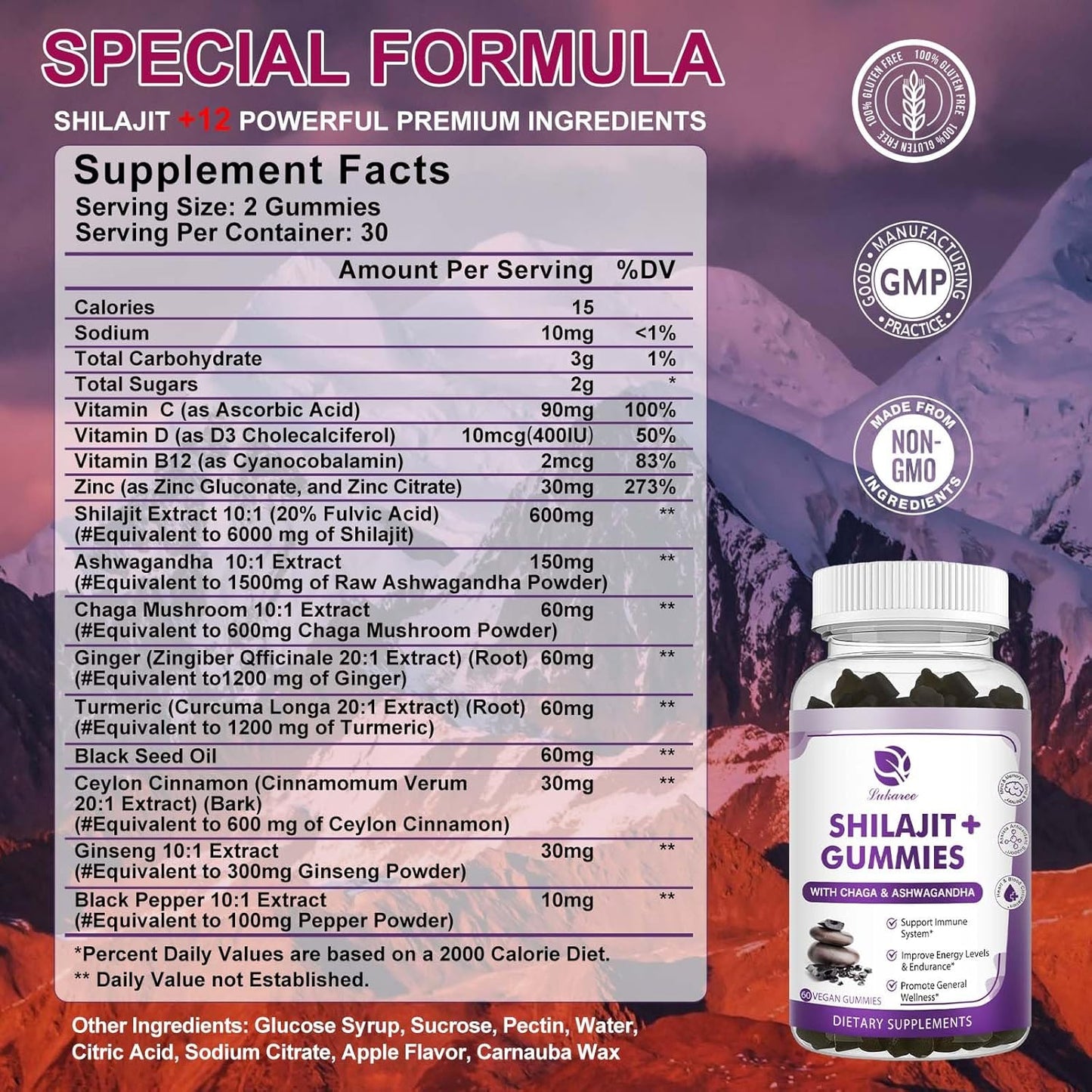 2-Pack Lukaree Shilajit Gummies with Ashwagandha, Black Seed Oil, Vitamin C, D3, B12, and Zinc - Vegan, Non-GMO, Sugar-Free for Men & Women from Himalayan Shilajit