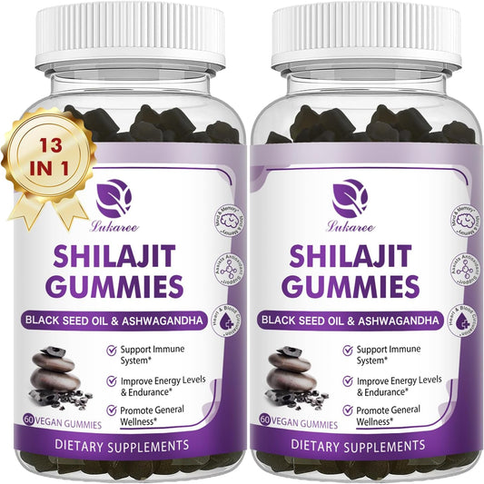 2 Pack Lukaree Shilajit Gummies with Black Seed Oil - Extra Strength Himalayan Resin Complex Chewables for Immunity - Men & Women's Supplement