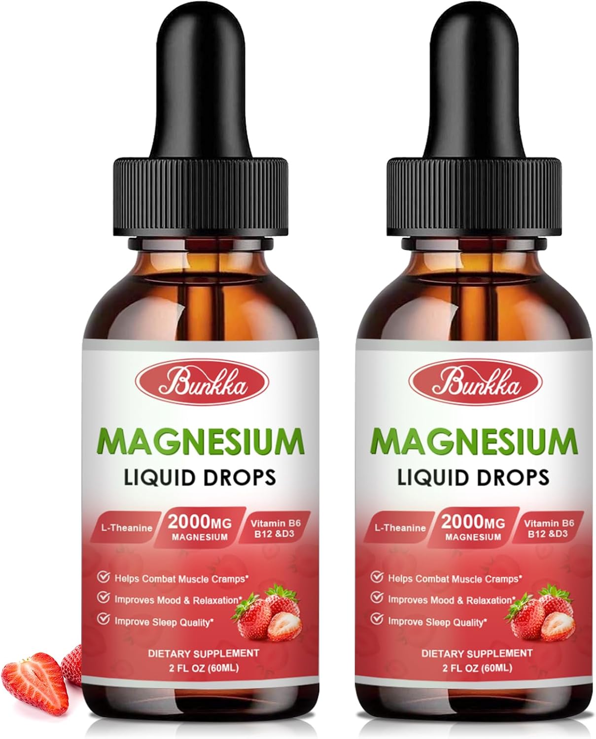 2 Pack Magnesium Glycinate 500mg Supplement with Liquid Drops, Malate, Taurate, Citrate, Calcium Zinc - Sleep & Stress Relief - Strawberry Flavor