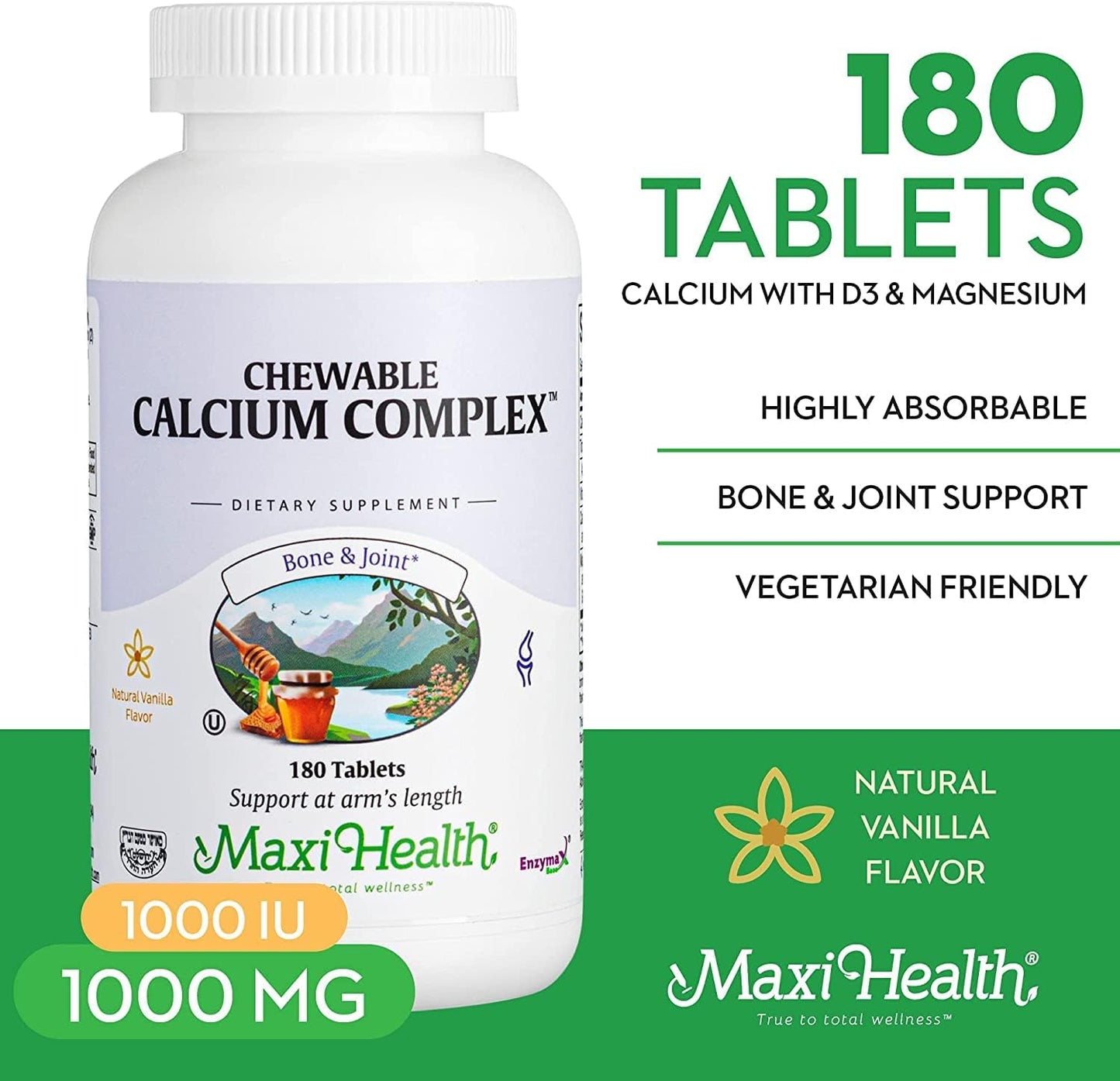2 Pack Maxi Health Chewable Calcium Complex - 1000mg w/Vitamin D3 & Magnesium - 180 Count Chews for Bone, Teeth, and Joint Support