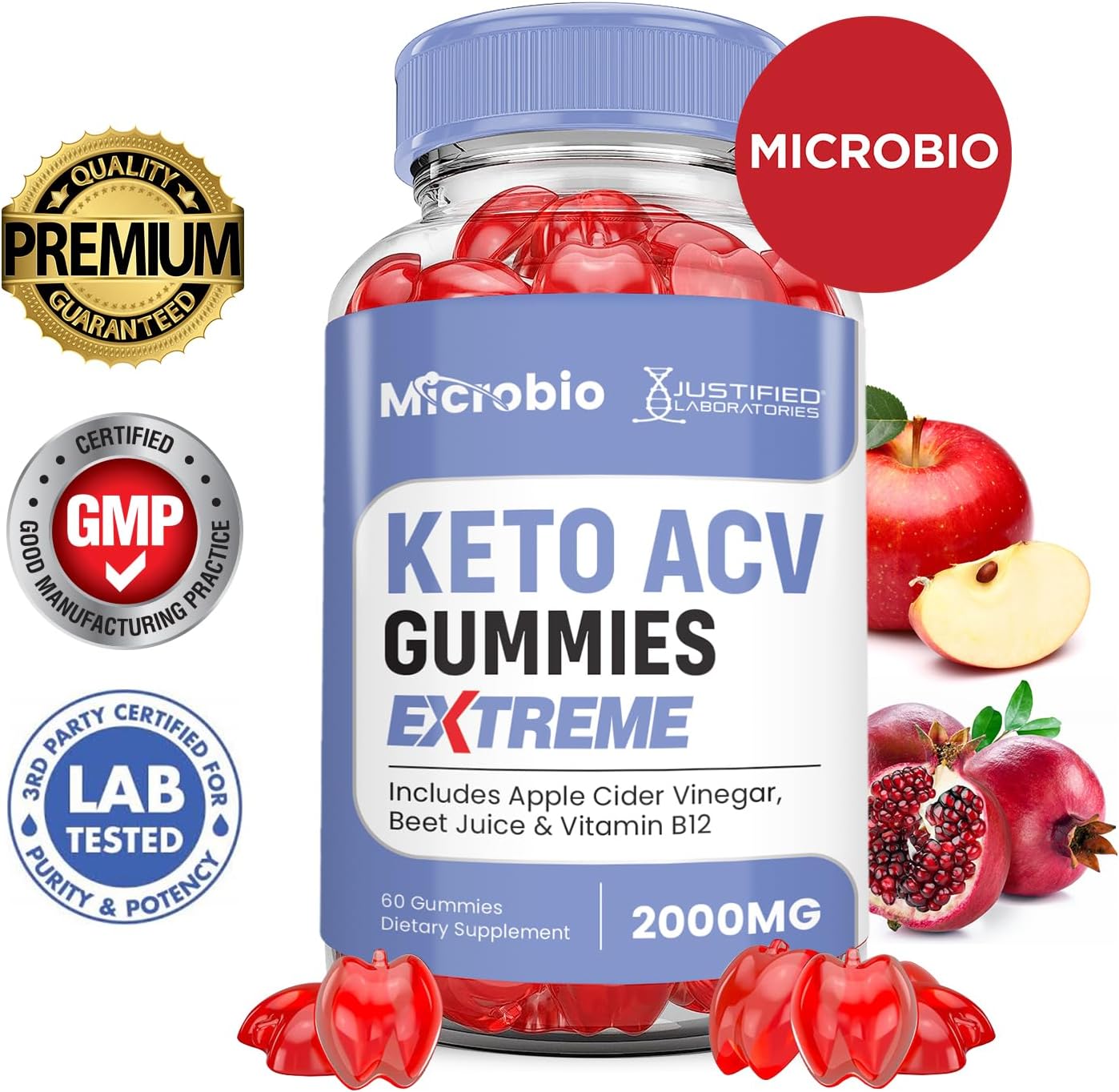 2-Pack Microbio Keto ACV Gummies Extreme 2000MG - Apple Cider Vinegar with Pomegranate & Beet Juice Powder - B12 Vegan Non GMO - 120 Gummies