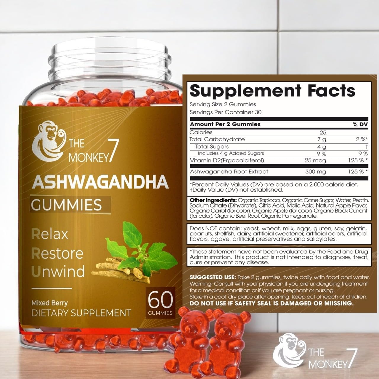 2 Pack Monkey 7 Ashwagandha Gummies with Vitamin D - Mixed Berry Flavor, Plant Based, Non-GMO, Gluten-Free, Immune Support - 120 Vegan Gummies