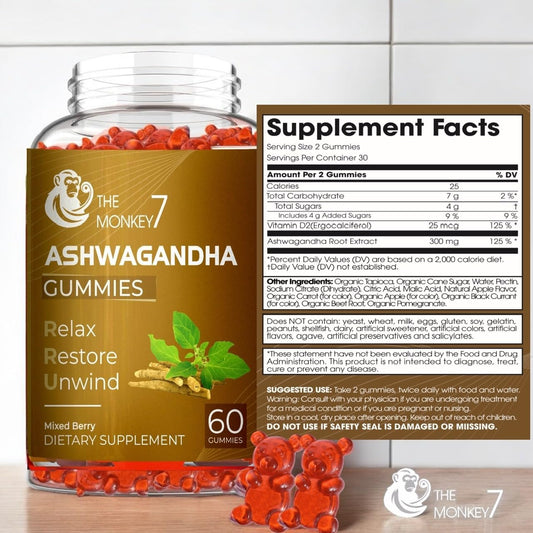 2 Pack Monkey 7 Ashwagandha Gummies with Vitamin D - Mixed Berry Flavor, Plant Based, Non-GMO, Gluten-Free, Immune Support - 120 Vegan Gummies