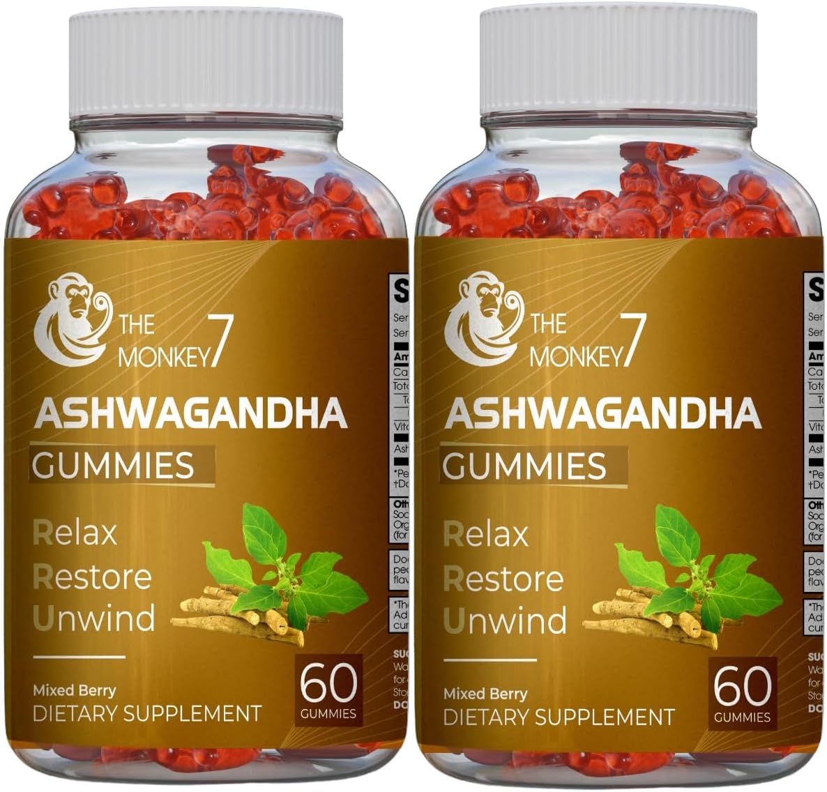 2 Pack Monkey 7 Ashwagandha Gummies with Vitamin D - Mixed Berry Flavor, Plant Based, Non-GMO, Gluten-Free, Immune Support - 120 Vegan Gummies