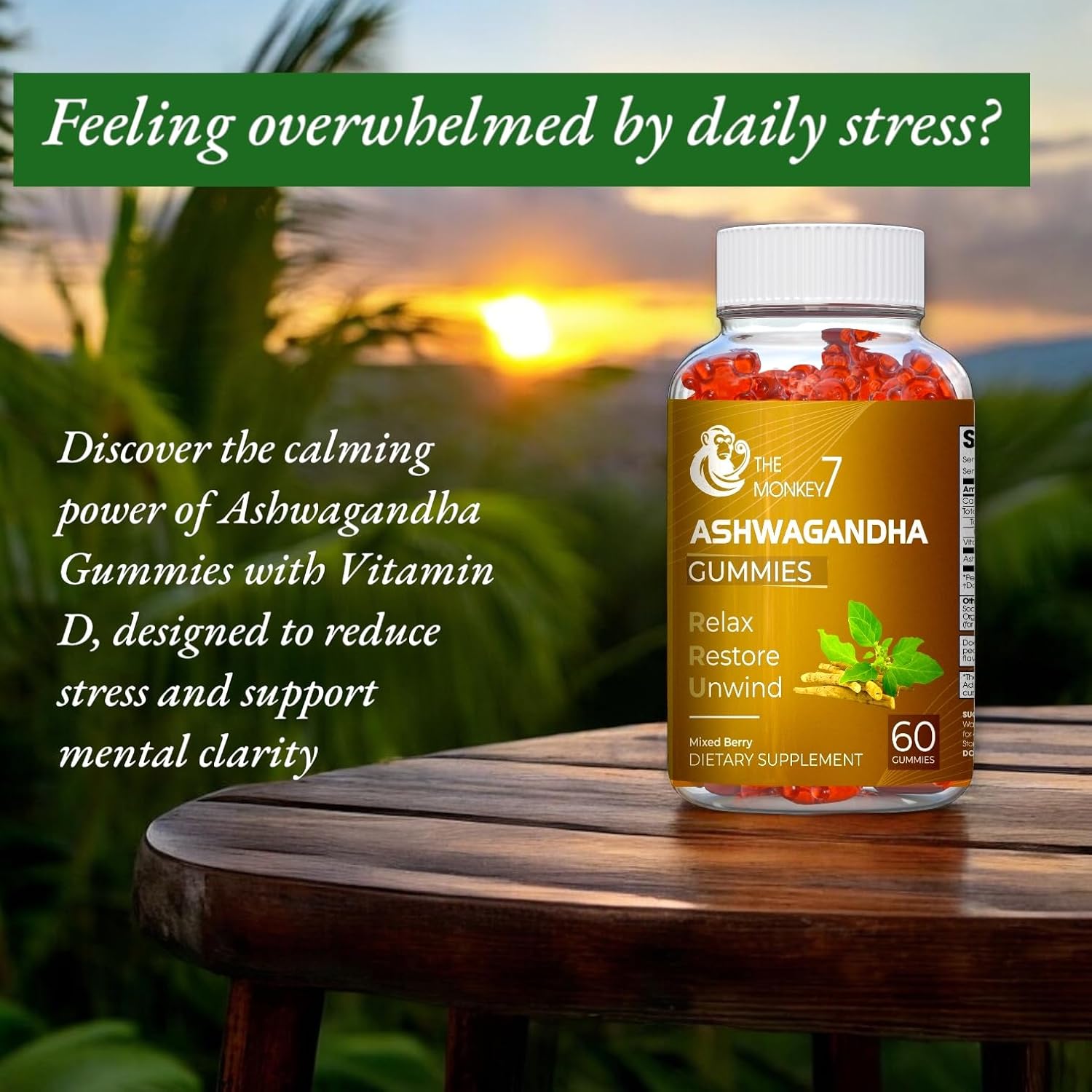 2 Pack Monkey 7 Ashwagandha Gummies with Vitamin D - Mixed Berry Flavor, Plant Based, Non-GMO, Gluten-Free, Immune Support - 120 Vegan Gummies