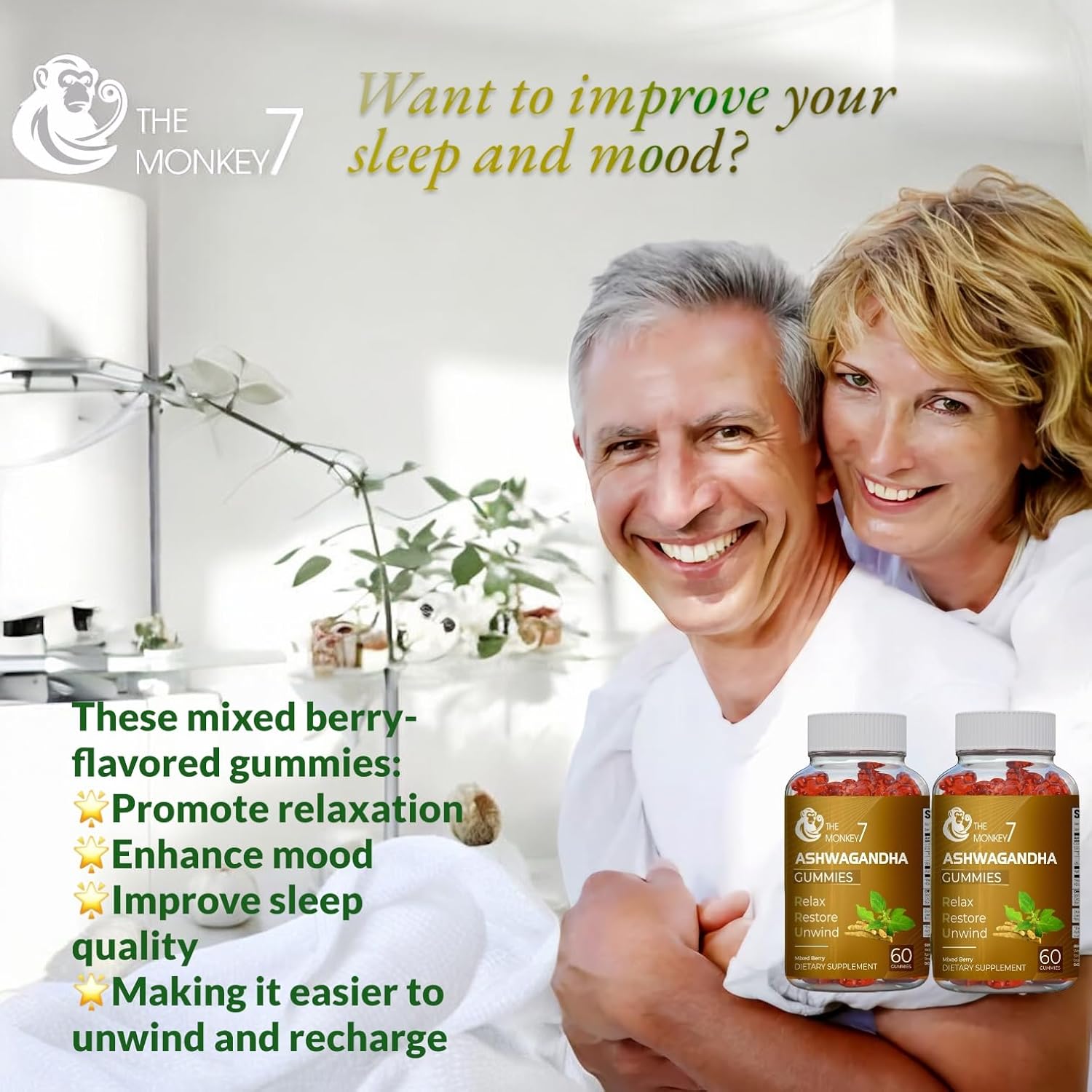 2 Pack Monkey 7 Ashwagandha Gummies with Vitamin D - Mixed Berry Flavor, Plant Based, Non-GMO, Gluten-Free, Immune Support - 120 Vegan Gummies