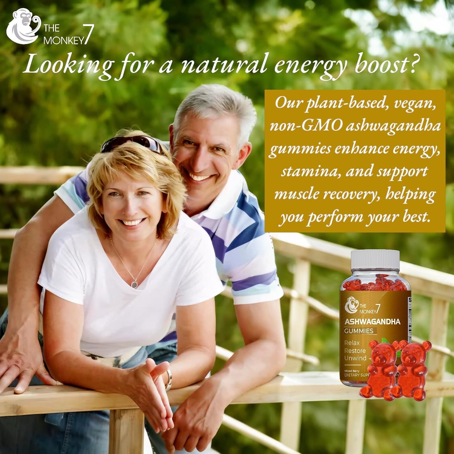 2 Pack Monkey 7 Ashwagandha Gummies with Vitamin D - Mixed Berry Flavor, Plant Based, Non-GMO, Gluten-Free, Immune Support - 120 Vegan Gummies