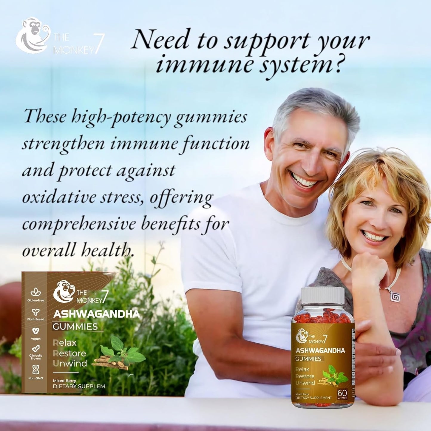 2 Pack Monkey 7 Ashwagandha Gummies with Vitamin D - Mixed Berry Flavor, Plant Based, Non-GMO, Gluten-Free, Immune Support - 120 Vegan Gummies