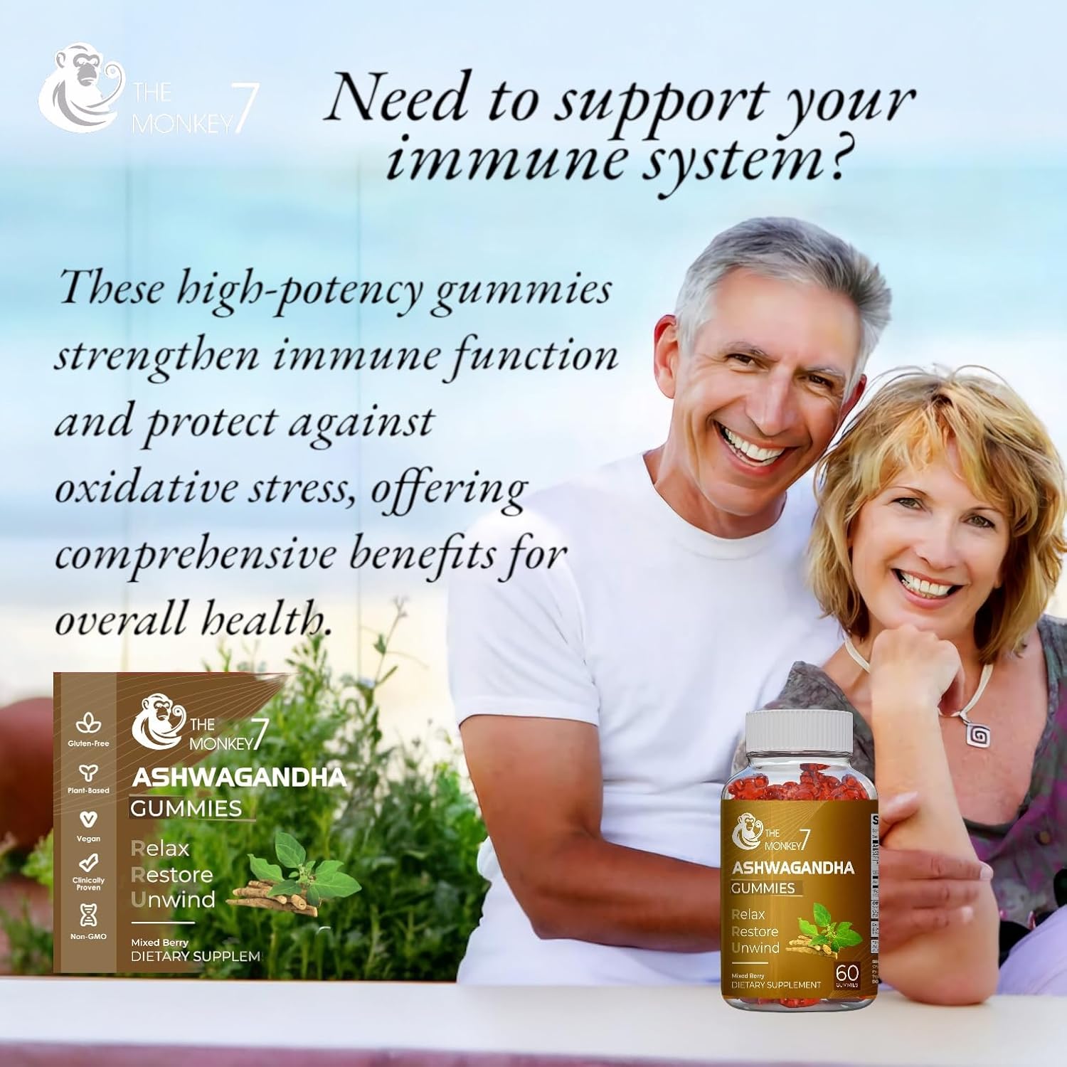 2 Pack Monkey 7 Ashwagandha Gummies with Vitamin D - Mixed Berry Flavor, Plant Based, Non-GMO, Gluten-Free, Immune Support - 120 Vegan Gummies