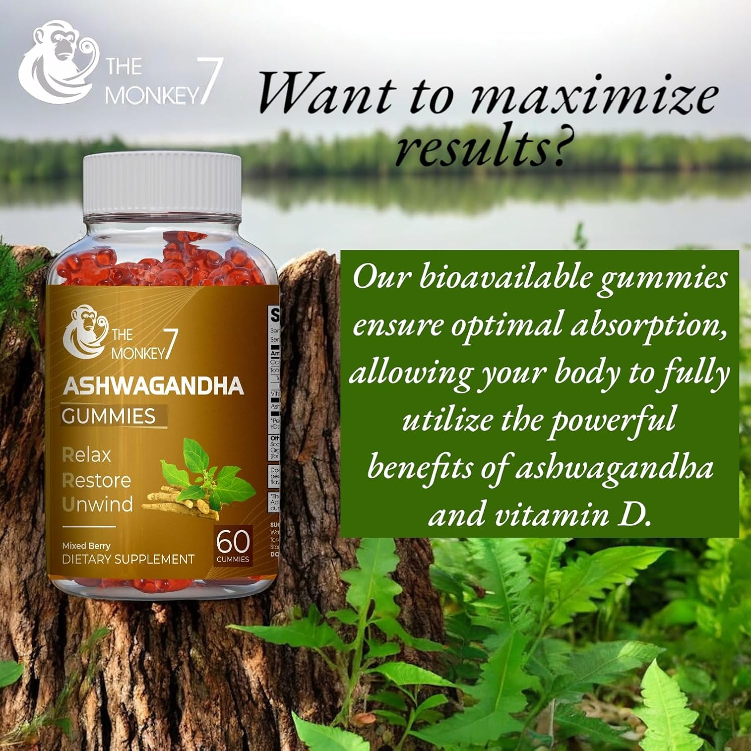 2 Pack Monkey 7 Ashwagandha Gummies with Vitamin D - Mixed Berry Flavor, Plant Based, Non-GMO, Gluten-Free, Immune Support - 120 Vegan Gummies