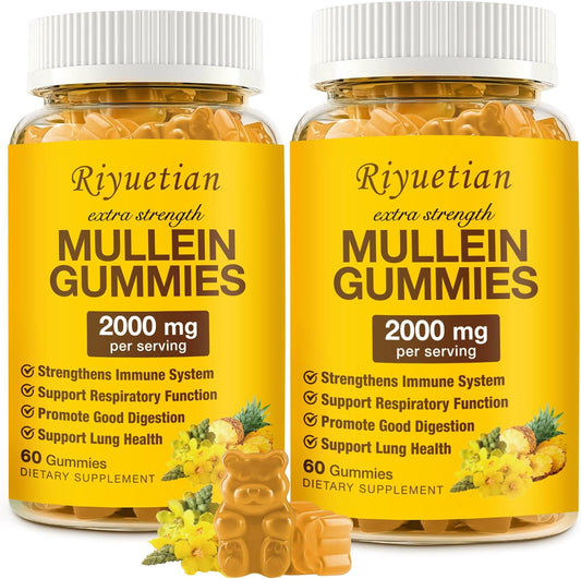 2 Pack Mullein Gummies 2000mg for Respiratory & Digestive Health - Immune Booster for Adults & Kids - Vegan, Non-GMO, 120 Gummies