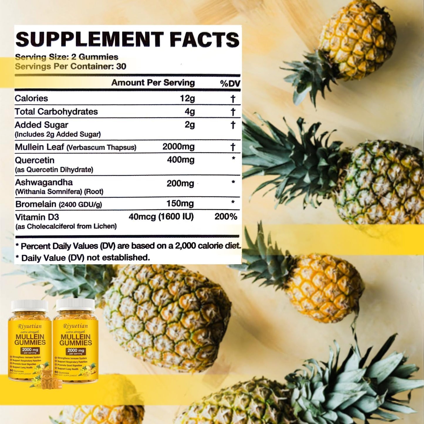 2 Pack Mullein Gummies 2000mg for Respiratory & Digestive Health - Immune Booster for Adults & Kids - Vegan, Non-GMO, 120 Gummies
