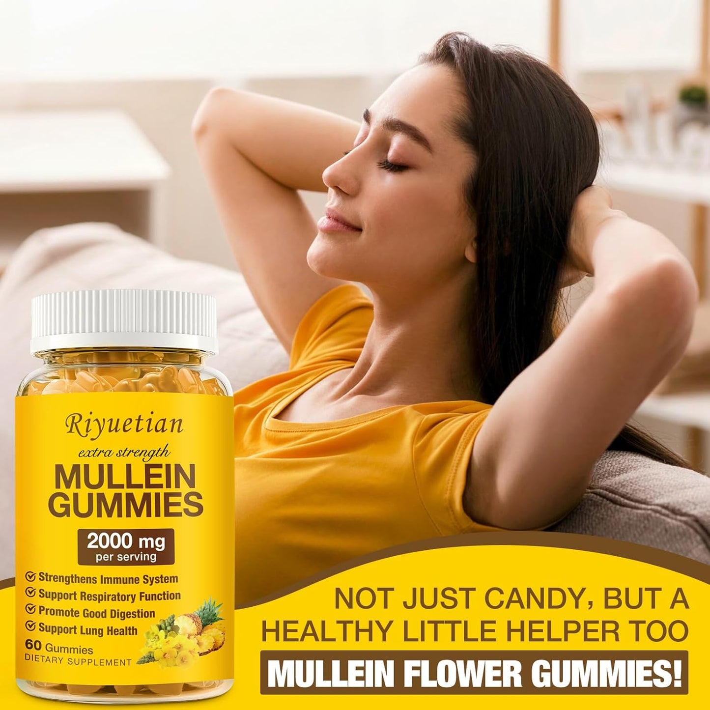 2 Pack Mullein Gummies 2000mg for Respiratory & Digestive Health - Immune Booster for Adults & Kids - Vegan, Non-GMO, 120 Gummies