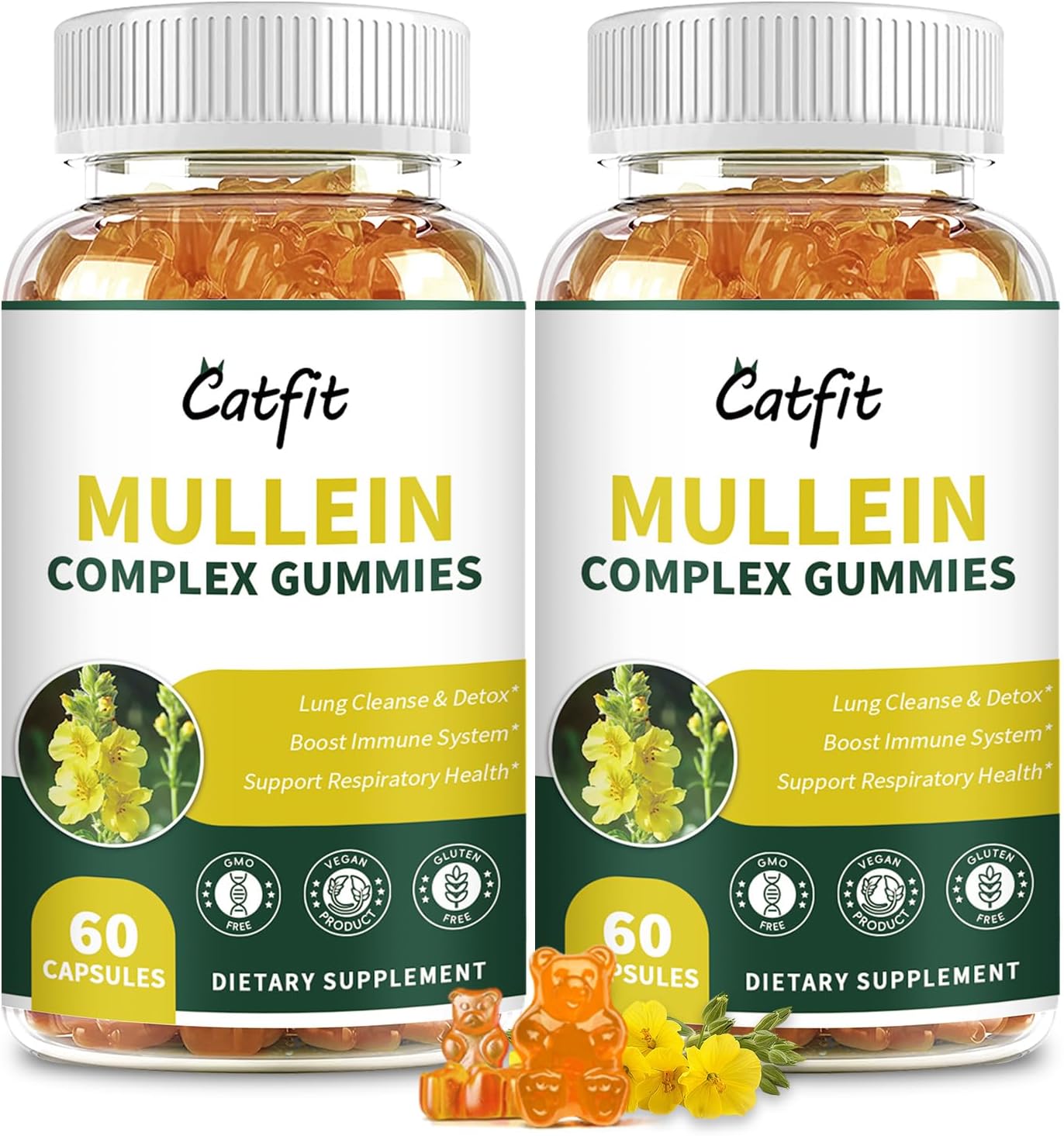 2 Pack Mullein Gummies for Lungs with Quercetin & Elderberry - Respiratory & Immune Support, Lung Cleanse, Detox - Vegan, Pineapple Flavor - 60 Gummies